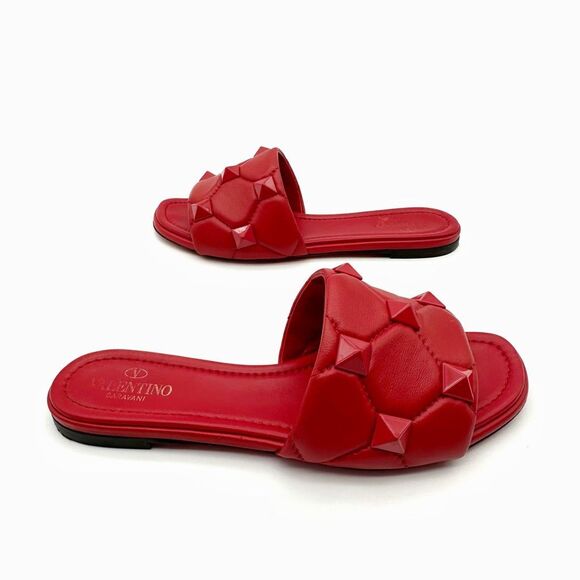 VALENTINO Rockstud Red Leather Sandal Size 37.5 Flat Flip Flop Slide Studded - Picture 7 of 12